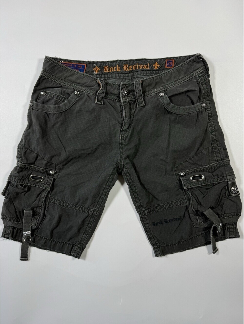 Rock Revival Cargo Shorts Mens 28 Gray Buckle Ripstop Utility Grunge 32” Waist